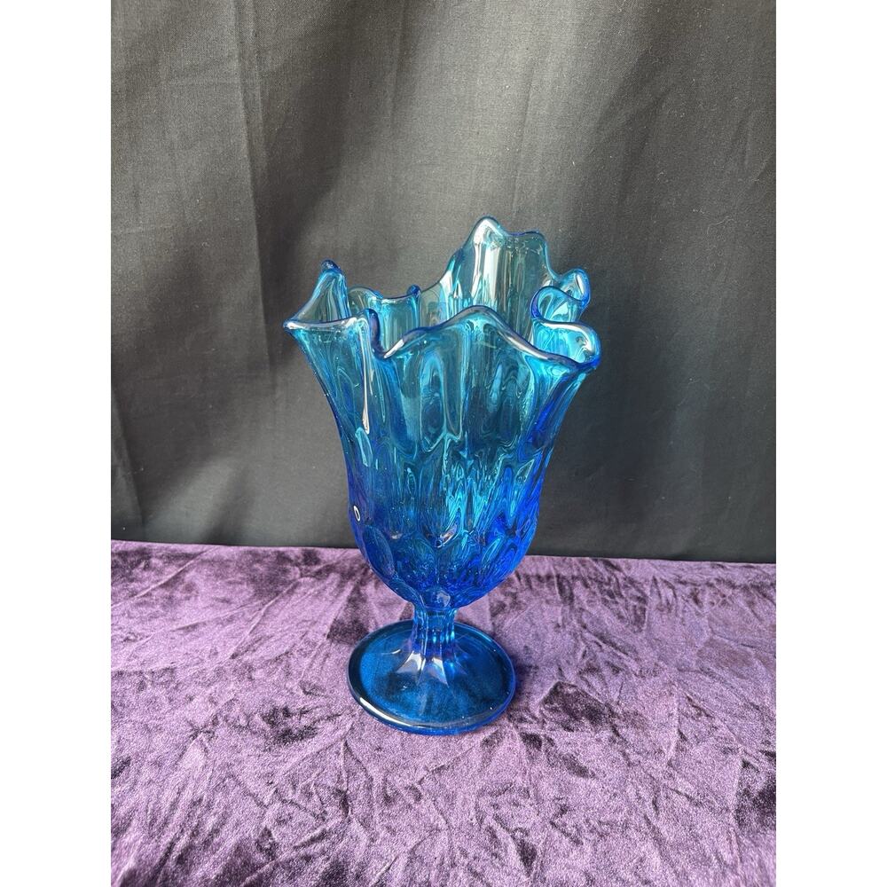 Mid-century Fenton Colonial Blue Thumbprint Thousand Eye Handkerchief Vase